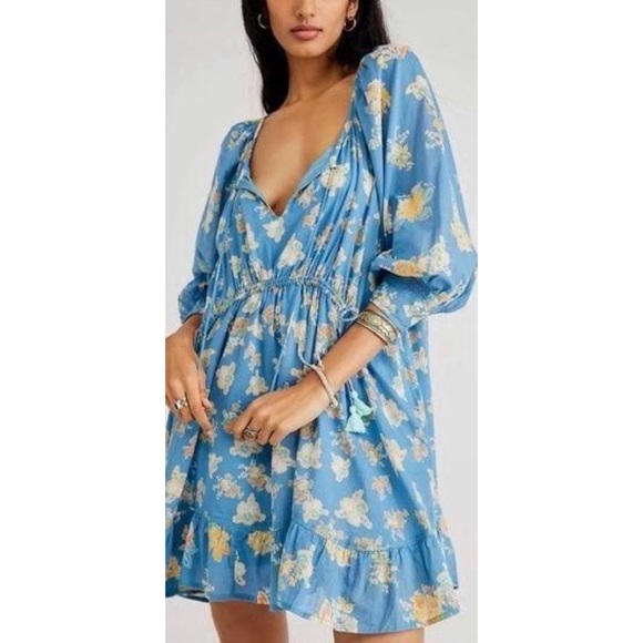 NEW Free People Carmella Mini Dress Blue Floral River Combo Boho Size XS - Picture 3 of 15